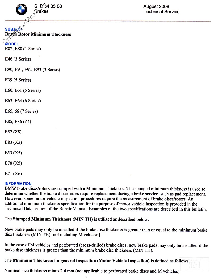 Brake Rotor Specifications Chart